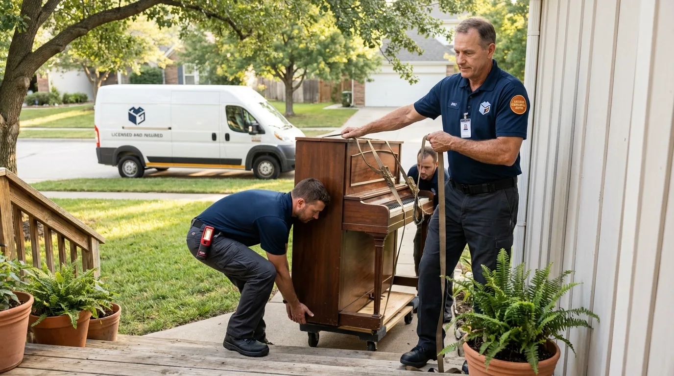 Licensed piano movers securing grand piano in Portageville, MO