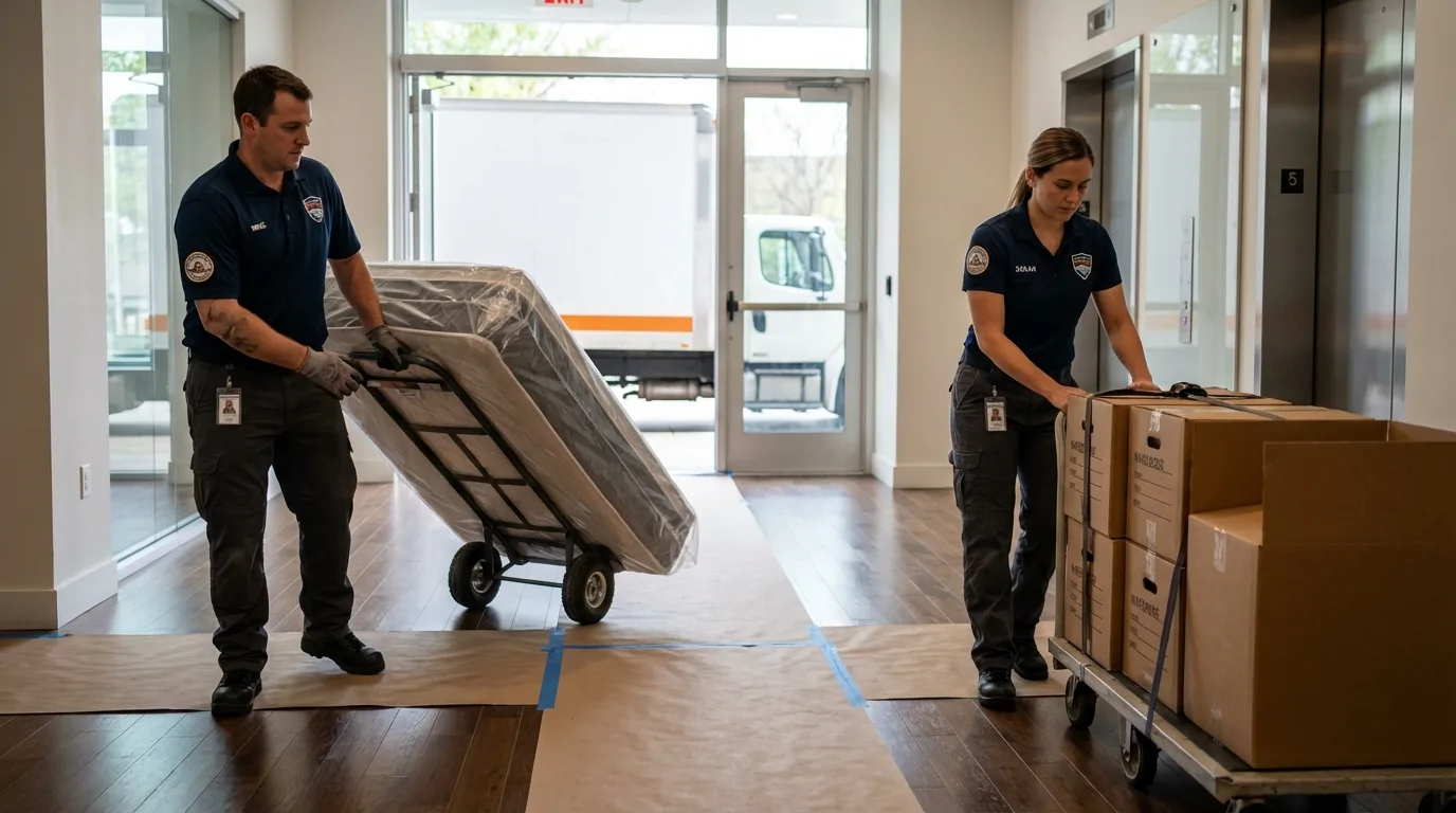 Professional apartment movers loading elevator in Portageville, MO