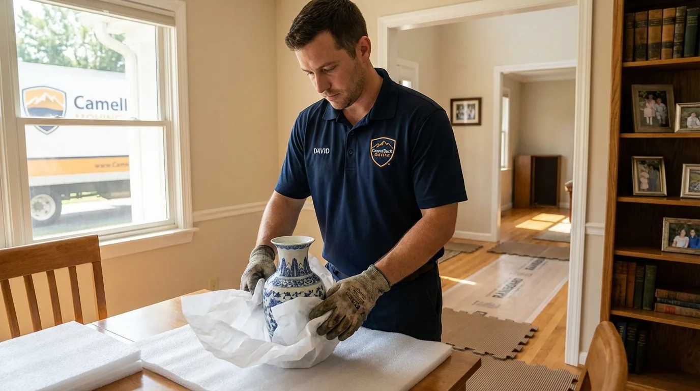 Professional crew carefully wrapping antique vase for senior downsizing move in Portageville, MO